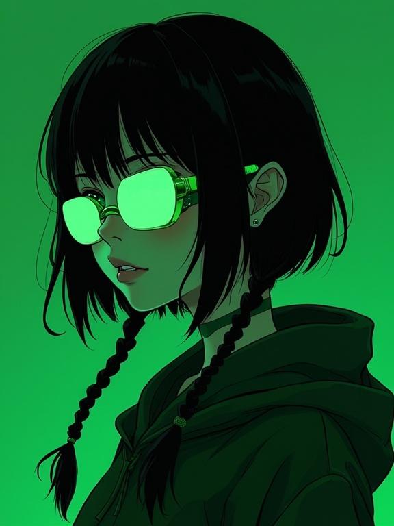 Android girl with green googles and black hair in a hoodie. Character has black braids, showing tongue. Background is dark green with a rich palette. Artwork is in an anime style reminiscent of the 2000s.