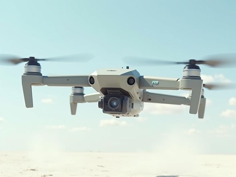 Cinematic depiction of a small light grey sleek sci-fi military hover drone with round propellers. The scene showcases a white desert background with dust blowing beneath the drone. The drone is equipped with a small minigun. The environment features a blue sky with clouds, emphasizing realism and attention to detail.