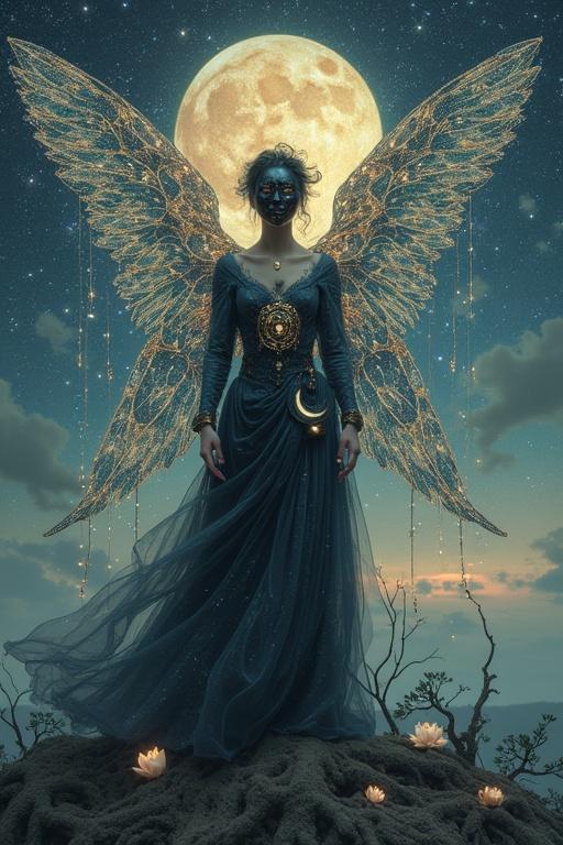 An androgynous figure stands tall with translucent wings made of starlight. The wings are woven with shifting constellations. The figure has a dark mirror face reflecting final memories. A cascade of galaxies forms a bridge to a hazy horizon. In hands, a black crystal spindle unravels time. Beneath, phosphorescent tree roots spread out. Burnt lotus petals float around. An hourglass hangs between two crescent moons.