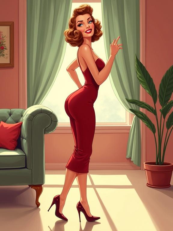 1950s retro-style scene featuring a glamorous cartoon pin-up housewife standing in the center. She wears a fitted vintage dress and high heels. Hair styled in vintage waves with blunt bangs, flawless makeup, and bold red lipstick. Posing flirtatiously with one leg bent, looking over her shoulder with a charming smile. Overall, the scene is vibrant, clean, and showcases retro illustration style.