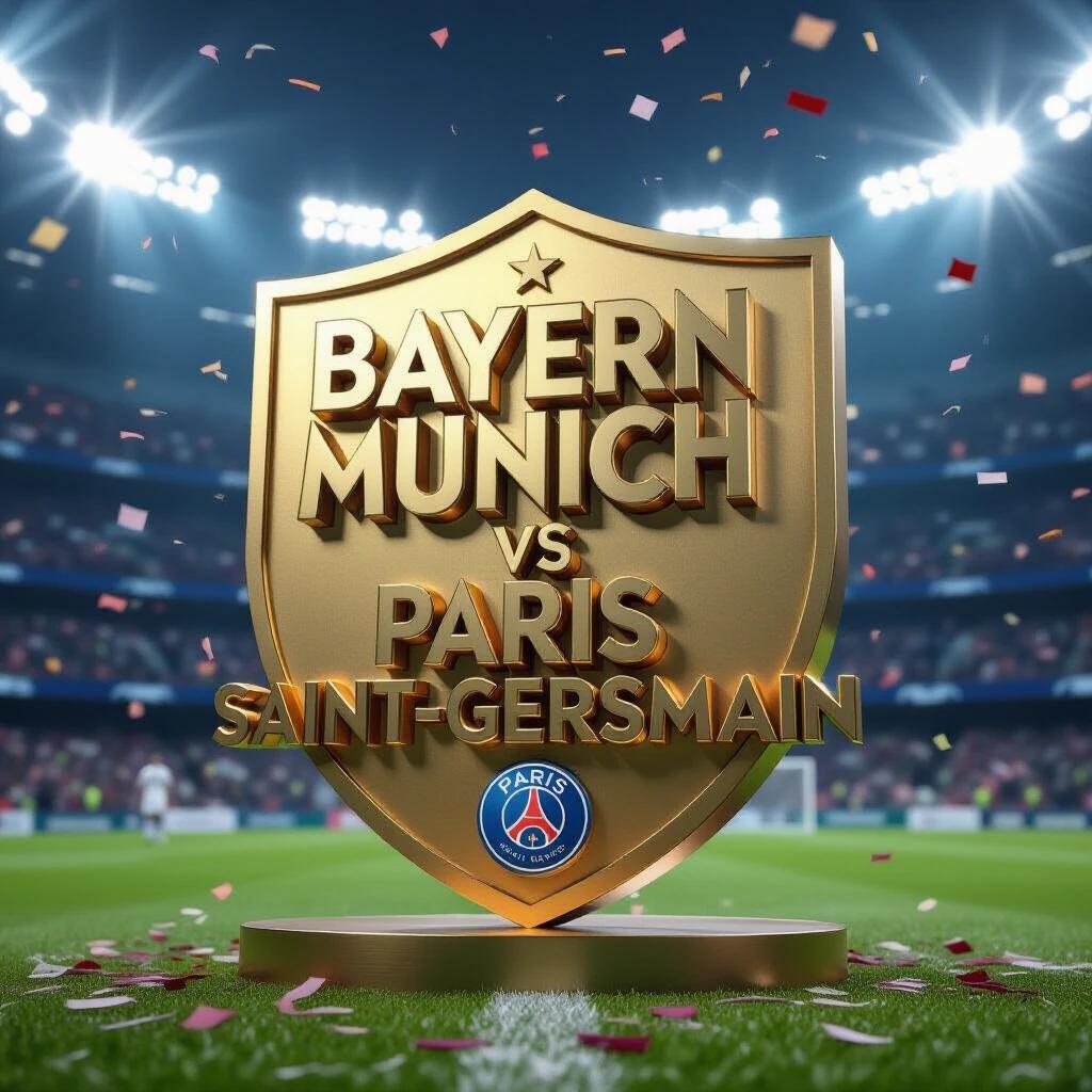 3D Champions League match card showcasing a football game between Bayern Munich and Paris Saint-Germain. Central design features a metallic shield with gold font. Confetti and bright stadium lights enhance the scene.