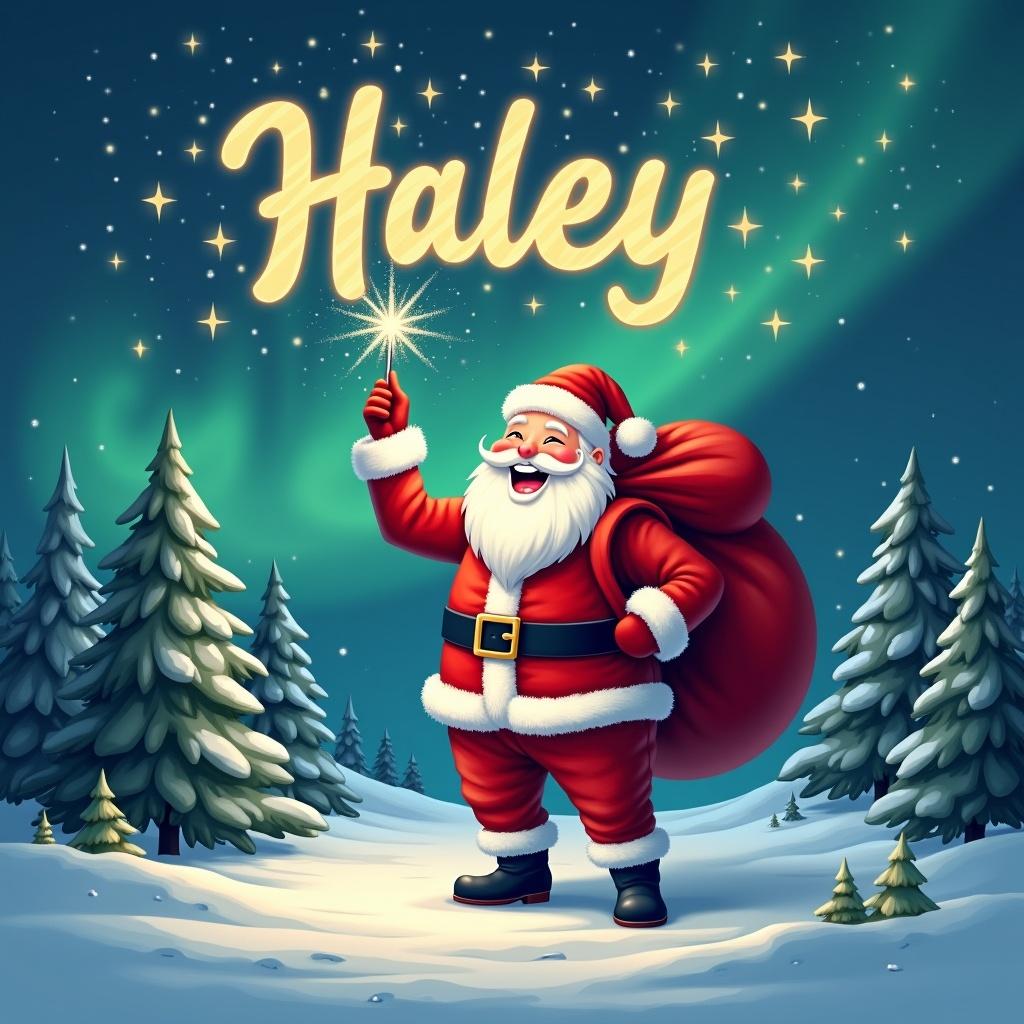 The image features a cheerful Santa Claus standing in a snowy landscape, holding a large red sack over his shoulder. He is dressed in his traditional red and white outfit with a belt and boots. In his hand, he holds a sparkly wand, pointing upward to write in the night sky. Behind him, the name 'Haley' is illuminated in glowing letters. Snowflakes fall gently around Santa, creating a festive feel in this winter wonderland, enhanced by snowy pine trees and enchanting northern lights.