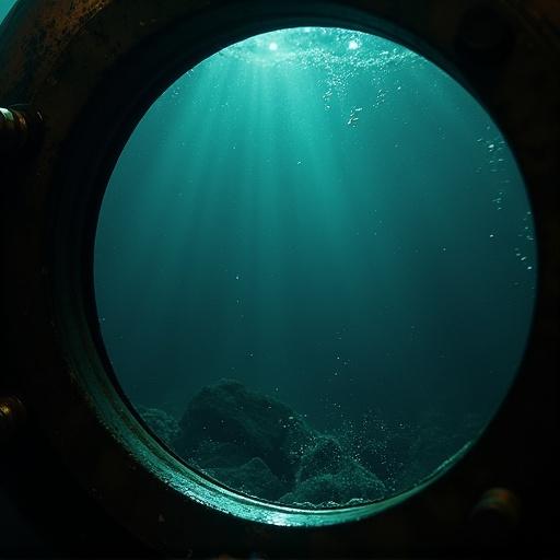 View from inside an antique deep-sea diver helmet. Looking down into dark ocean depths. Slight fog and condensation on the glass. Light from the surface fading. Visibility decreases with depth. Small bubbles rising. Subtle vignette from helmet edges. Realistic underwater lighting. High detail.