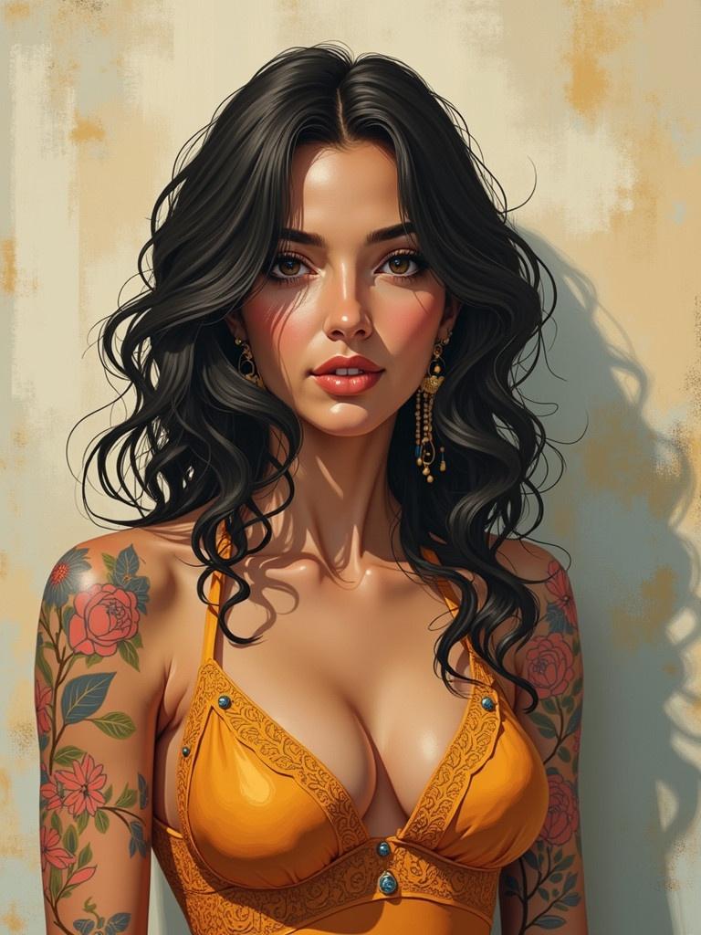 An elegant woman wearing an orange dress with intricate detailing. The dress has a lace design. She has long wavy hair. Colorful tattoos on her arms add to her beauty. The background has a textured finish that complements her appearance.