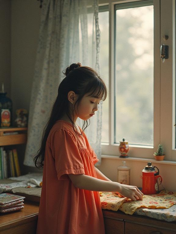 A young girl stands by a window in a cozy kitchen. She has long hair and wears an orange dress. Sunlight filters through the window illuminating her gentle expression. The kitchen has a warm, inviting feel with soft colors and textures.