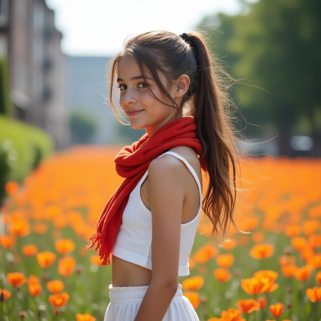 Image of a girl with long hair in a white two-piece outfit. She stands outdoors in a field of orange flowers. Background features urban buildings and greenery. Soft lighting creates a serene mood.