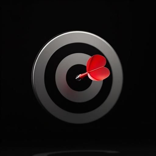 Dart aimed at the target. Target is circular with distinct concentric circles. Dart is red and prominently displayed. Background is solid black.