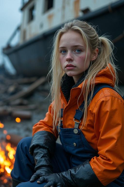 Exterior view of a wrecked fishing boat on an arctic island. Young woman with blonde pigtails and blue eyes. She wears an orange raincoat and navy blue fisherman's dungarees. Sitting by a campfire inside the boat. Clothes and hair are wet from the rain.