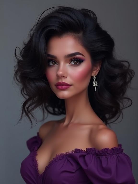 Portrait of a model with black hair and silver crown. Same pose. Wearing a purple dress.