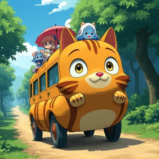 Vibrant animated scene with a whimsical Catbus creature. Catbus has a striped brown fur coat and large yellow eyes. Body resembles traditional bus with windows and seats. Catbus moves along a dirt path in lush green forest. Animated characters, including blue and white creatures, sit on top of Catbus holding umbrellas. Characters have diverse hair colors and colorful clothing. Scene captures adventure and fantasy.