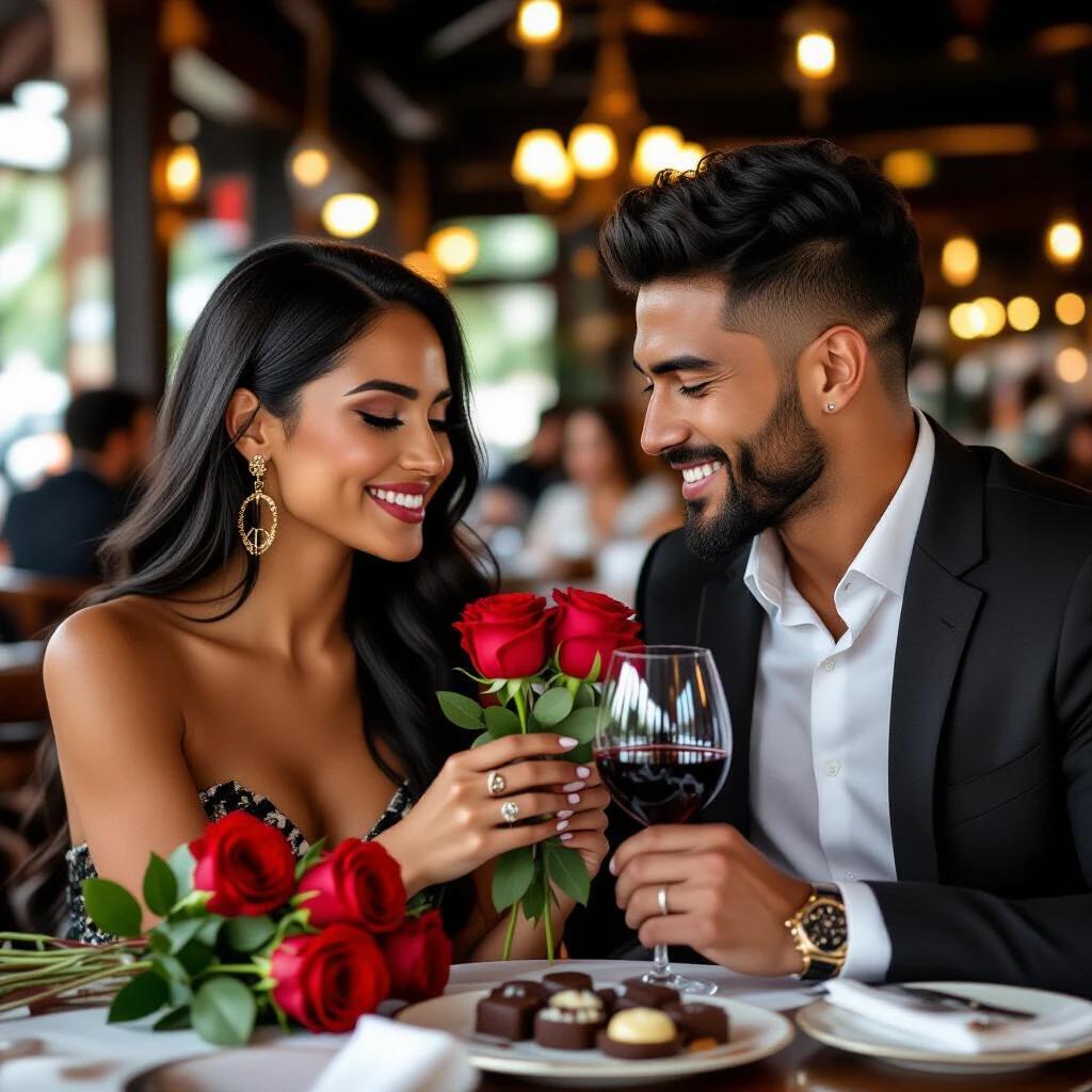 A photograph shows a couple in a fine dining setting. The woman has indigenous Colombian features and black hair. She holds roses and wine while the man presents gifts. Elegant restaurant backdrop features warm lighting and ambiance.