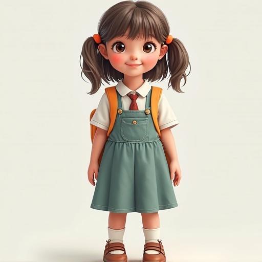 A cute young schoolgirl stands in a full body view. She has a cheerful expression and is wearing a school uniform. The outfit includes a shirt and a dress with an apron style. She carries a backpack. The scene has a friendly and inviting feel, depicted in a realistic style.