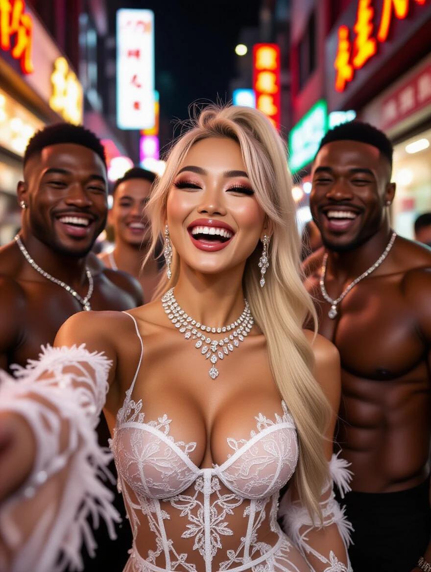 A hot asian model poses for a selfie. She wears wedding lingerie. A narrow cyberpunk street glows with warm light. The model has a high blonde ponytail. She accessorizes with crystal jewelry. Her makeup is bright and striking. She laughs and appears dizzy. Muscular friends stand close by.