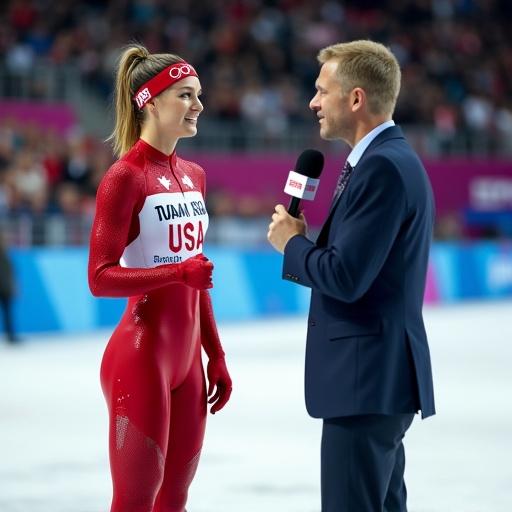 A Canadian Olympic speedskater wearing a red and white suit interviews with an ESPN reporter. She suddenly hears her favorite song and starts dancing. The crowd cheers while the reporter laughs. Close-up of her happy expression and wide shot of her dancing on the ice. Low angle shows her height and presence. Background features cheering fans and skaters.