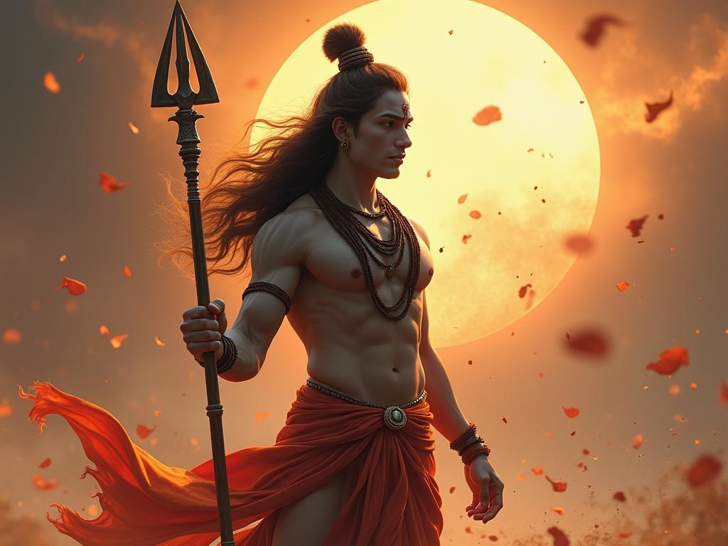 A youthful warrior symbolizes majesty and destruction of ego. He holds a divine spear, representing sharp wisdom and the power to destroy evil. The setting sun adds a dramatic backdrop.
