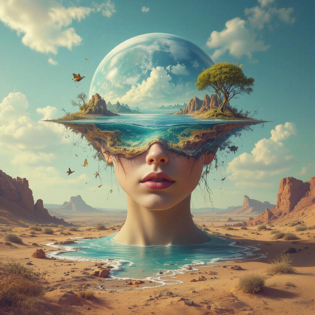 A surreal album cover featuring a woman's head with a landscape emerging from it. The scene includes water, trees, and mountains under a floating moon. The background shows a desert landscape with rock formations. Etherial butterflies flutter around.