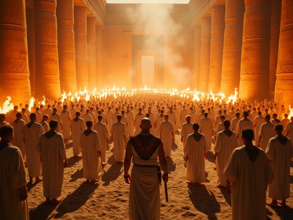 High-angle view showing a large crowd in the courtyard of Osiris's temple. The setting includes towering stone columns and flaming torches. Stone carvings and incense smoke add to the ambiance. People wear white garments with Pharaonic embroidery. The elderly high priest holds a scepter. The lighting is cinematic and dramatic with shadows dancing in the firelight.
