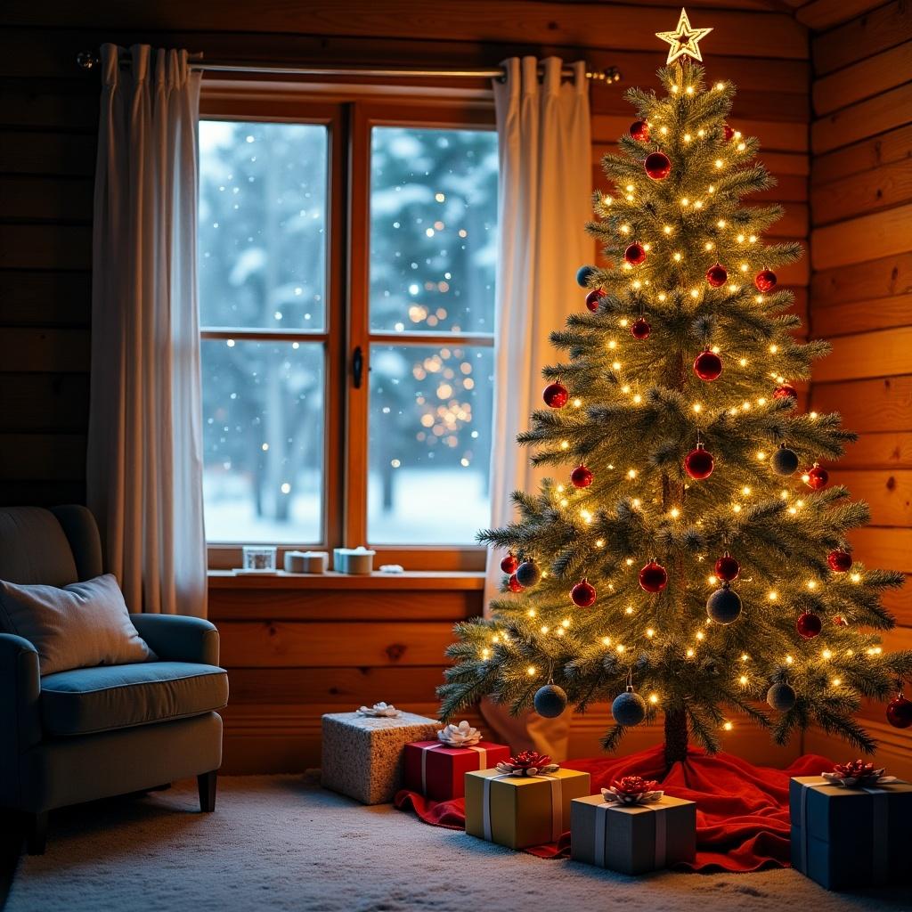 A beautifully decorated Christmas tree stands prominently in a cozy wooden room. The tree is adorned with colorful ornaments, twinkling lights, and a shining star on top. Beside the tree, there are several neatly wrapped gifts, enhancing the festive spirit. The window shows a snowy scene, adding to the winter ambiance. Soft lighting fills the room, creating a warm and inviting atmosphere for the holiday season.