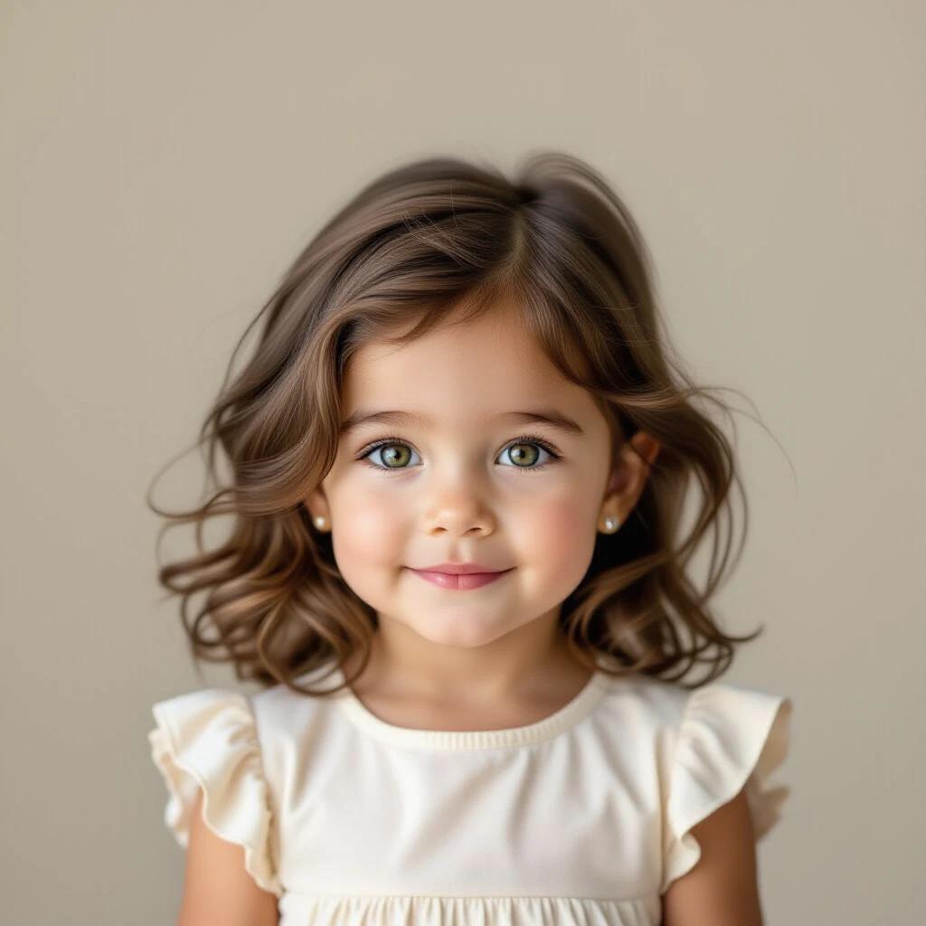 Image of a 3 year old girl with beautiful brown hair and green eyes. She wears a cream-colored dress. The background is soft and neutral.