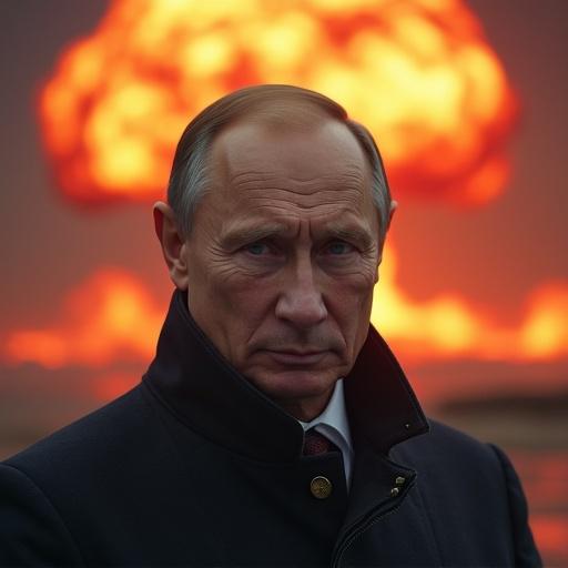 Hyperrealistic photo of an individual portraying a serious and determined expression. Background features a large explosion with dark and dramatic tones. Atmosphere conveys a sense of tension and intensity.