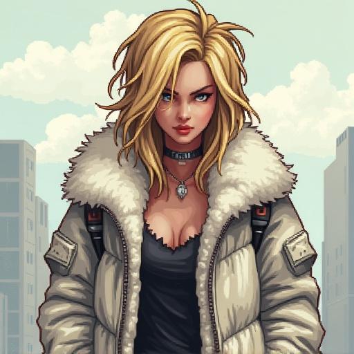 Character design featuring a post-apocalyptic blonde girl. She wears a white fur coat. The style is detailed pixel art. The scene suggests a modern ruin in background.