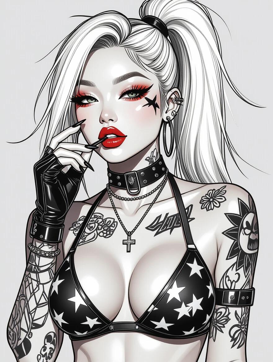 Asian cyberpunk model in an edgy black bikini. Model has a high blonde ponytail. Makeup is bold and striking. Tattoos cover arms and body. Lips are puffy and full. Style reflects black and white comic art. Model is half-smiling and subtly blushing.