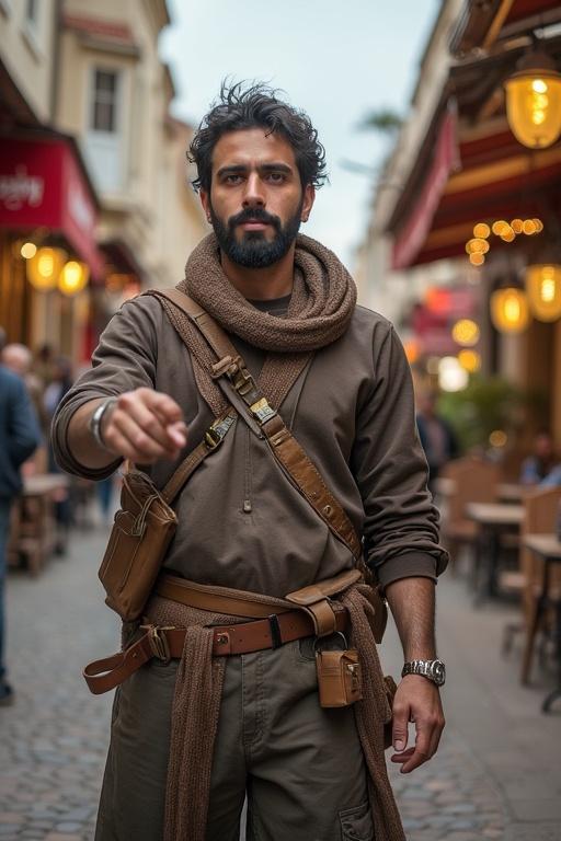 Man standing in a street wearing casual outdoor clothing. The background shows a bustling street with cafes and warm lights. He carries a bag and has a beard.