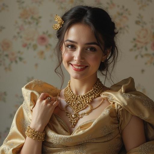 Model wearing luxurious golden jewelry sitting gracefully. The background features subtle floral patterns. Captivating fashion display showcasing elegance and sophistication.