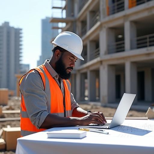 Realistic image of Black engineer working at drawing table on active construction site. He wears white hard hat and reflective safety vest. Table covered with blueprints, measuring tools, and laptop. Unfinished structure of modern building in background with scaffolding and construction materials. Scene brightly lit with natural sunlight.