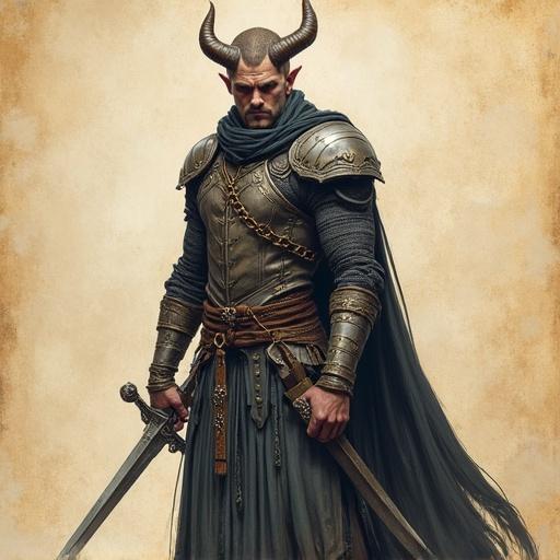 Pen sketch of a male tiefling paladin with short horns wearing charm and chainmail. He holds a long sword. The scene is cinematic and expressive with soft lighting and artistic shading. Background resembles ancient parchment.