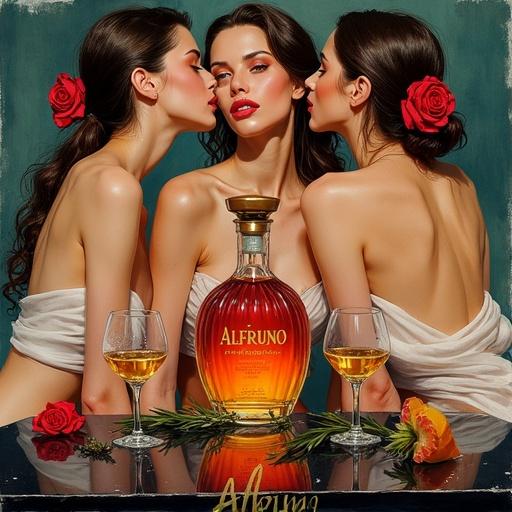 Vibrant ink watercolor painting. Three topless women in exclusive spa area. Lush translucent silk wraps. Golden reddish lips offering toast. Centerpiece spirit bottle 'ALFRUNO' filled with herbal liqueur. Black mirrored table with roses and rosemary. Cocktail glasses on the side. Modern calligraphy font for 'ALFRUNO'. Dynamic magical artwork inspired by WLOP and anime. Moody film style reminiscent of old film photos.