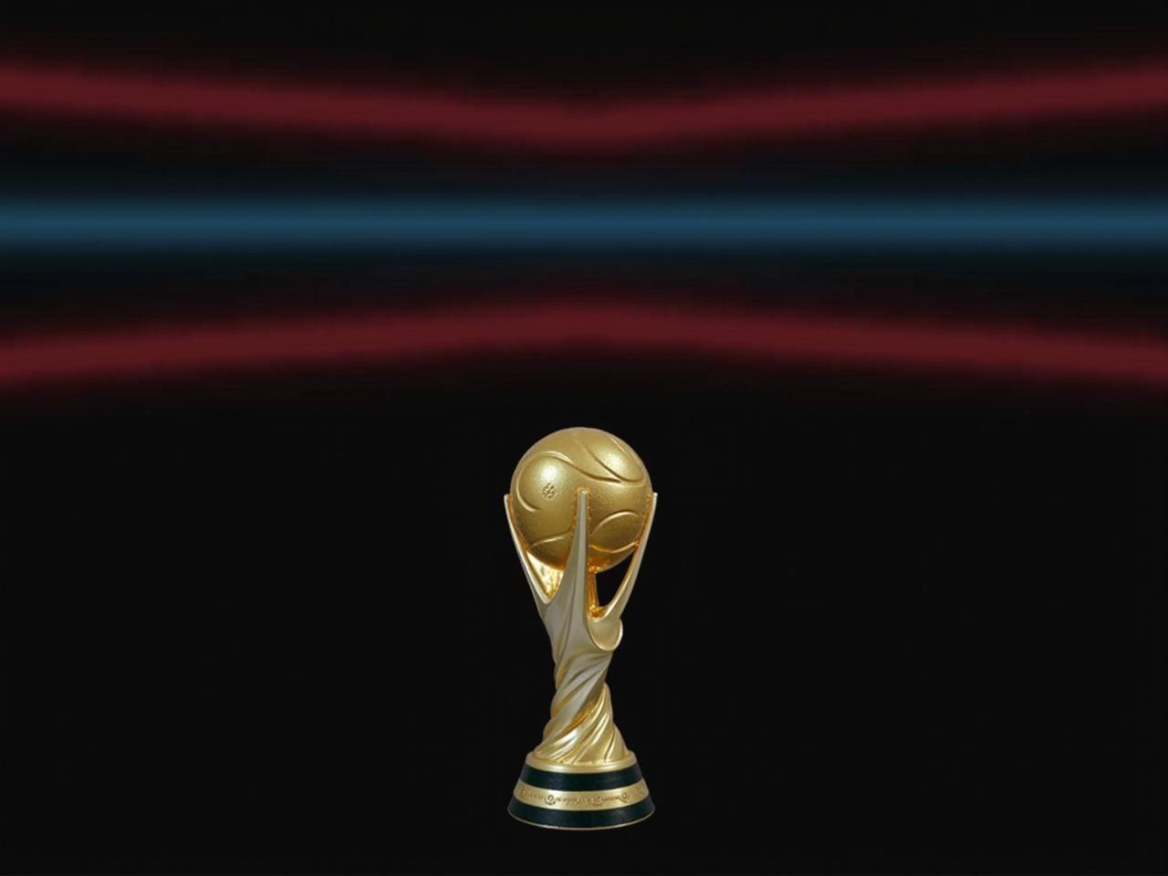 This image features a trophy prominently displayed on a dark background. The trophy has a sleek, modern design made of gold and silver, with a base that has a circular shape. Above the trophy, there are two horizontal stripes, one red and one blue, running across the top of the image. The stripes provide a contrasting background, enhancing the trophy's appearance. This kind of trophy is often associated with sports or competitions, indicating its significance in a particular event.