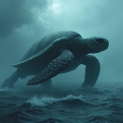 Giant sea turtle creature in size of an island swimming in stormy ocean in realistic dark fantasy artstyle.