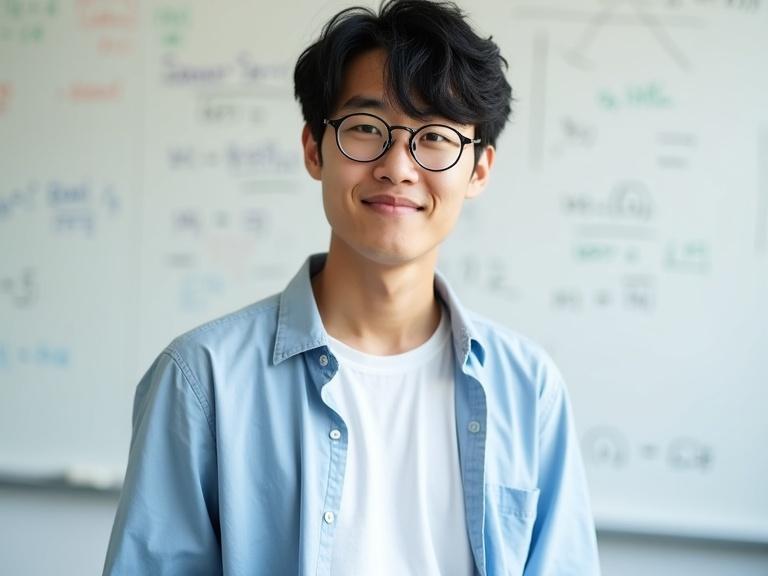 Young male math tutor stands in front of a whiteboard in a modern classroom. He has short wavy black hair, round glasses, dressed in a light blue shirt over a white T-shirt. Friendly expression, bright lighting, clean background. Waist-up photo, well-framed and focused on tutor.