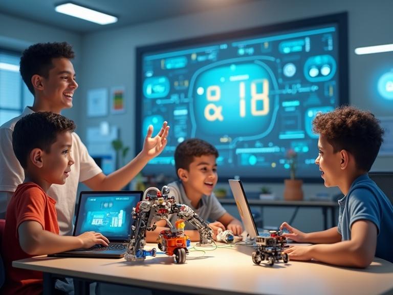 A classroom filled with boys aged 5 to 8 learning programming and robotics. They are working with robots, coding on laptops, and exploring AI. The teacher is guiding the children. The room is bright and modern with advanced educational tools and technology. The mood is optimistic and creative.