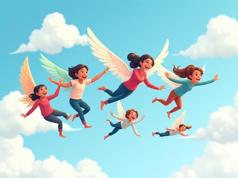 A group of diverse individuals with unique wings, flying together in the sky. Movements are joyful and fluid. Background is a clear blue sky with fluffy clouds.