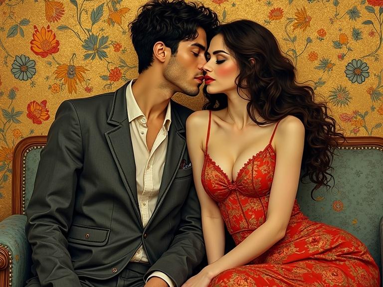 Couple seated close together on a vintage couch. Woman wears a flowing red dress with lace details. Man dressed in a tailored gray suit contemplates a kiss. Floral wallpaper in background enhances romantic theme. Soft natural lighting creates an inviting atmosphere.