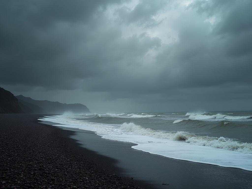 The image shows a dramatic coastal scene, with a dark gray sky filled with clouds that hint at an impending storm. The sea appears turbulent with choppy waves, creating a foamy edge where the water meets sand. The shoreline is visible, characterized by dark pebbles and wet sand reflecting the overcast sky. The atmosphere conveys a sense of tension, suggesting a storm might arrive soon. Mist hangs over the horizon, enhancing the moody vibe of the beach landscape. The overall color palette is muted, dominated by shades of gray, which adds to the feeling of gloom and drama.