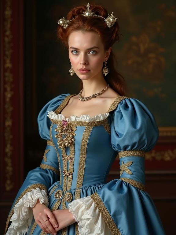 Portrait of a young noblewoman in 1750s attire. She wears a blue dress with gold details. Large bust and thin waist. Ornate jewelry adorns her. She gazes over her shoulder with a haughty expression.
