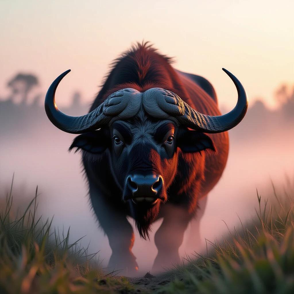 Close up of wild water buffalo in foggy sunset mist with vibrant colors. Professional wildlife photograph shows animal details. Scene involves rich reds and soft greys with a mystical quality.