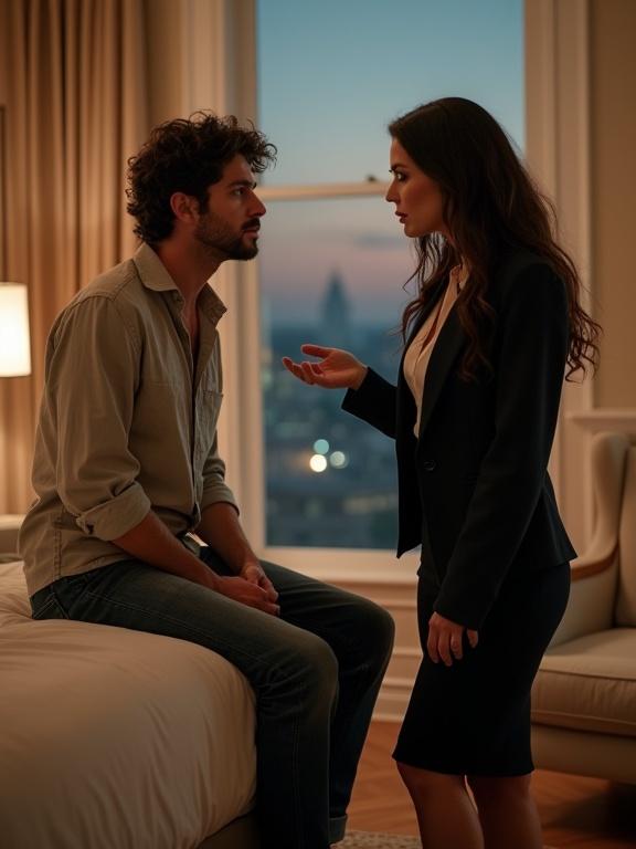 A portrait image of a tense moment between two characters in a hotel room. A man sitting on a bed looks vulnerable with tousled hair and half-tucked shirt. A woman stands in a blazer, her hand extended toward him. The city skyline is visible through a window at dusk.
