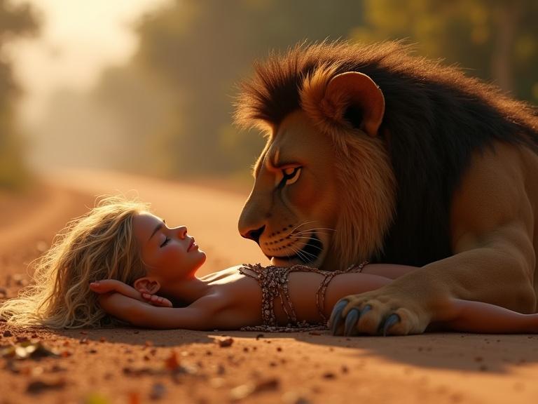 A postapocalyptic dystopian scene. Realistic Pixar style. A beautiful young tribal blonde girl lying on the dirty road. She wears a tattered loincloth. A big lion is healing her leg with his tongue. The setting has cinematic lighting, dust, smoke, and flames. The girl's hair is long and messy. Her skin is sweaty and shiny. The mood conveys calmness amidst chaos.