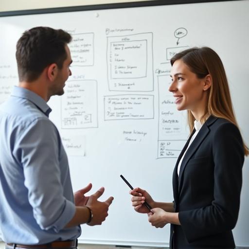 Two professionals discussing in front of a whiteboard with a diagram. Manager explains using flowcharts. Employee listens and takes notes confidently. Clean and professional environment with soft colors.