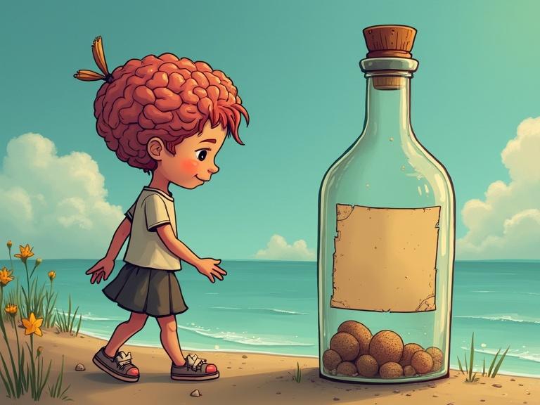 A child character with curly red hair walks by the beach. She is near a large bottle filled with balls. The beach scene has flowers in the foreground and a calm ocean in the background.