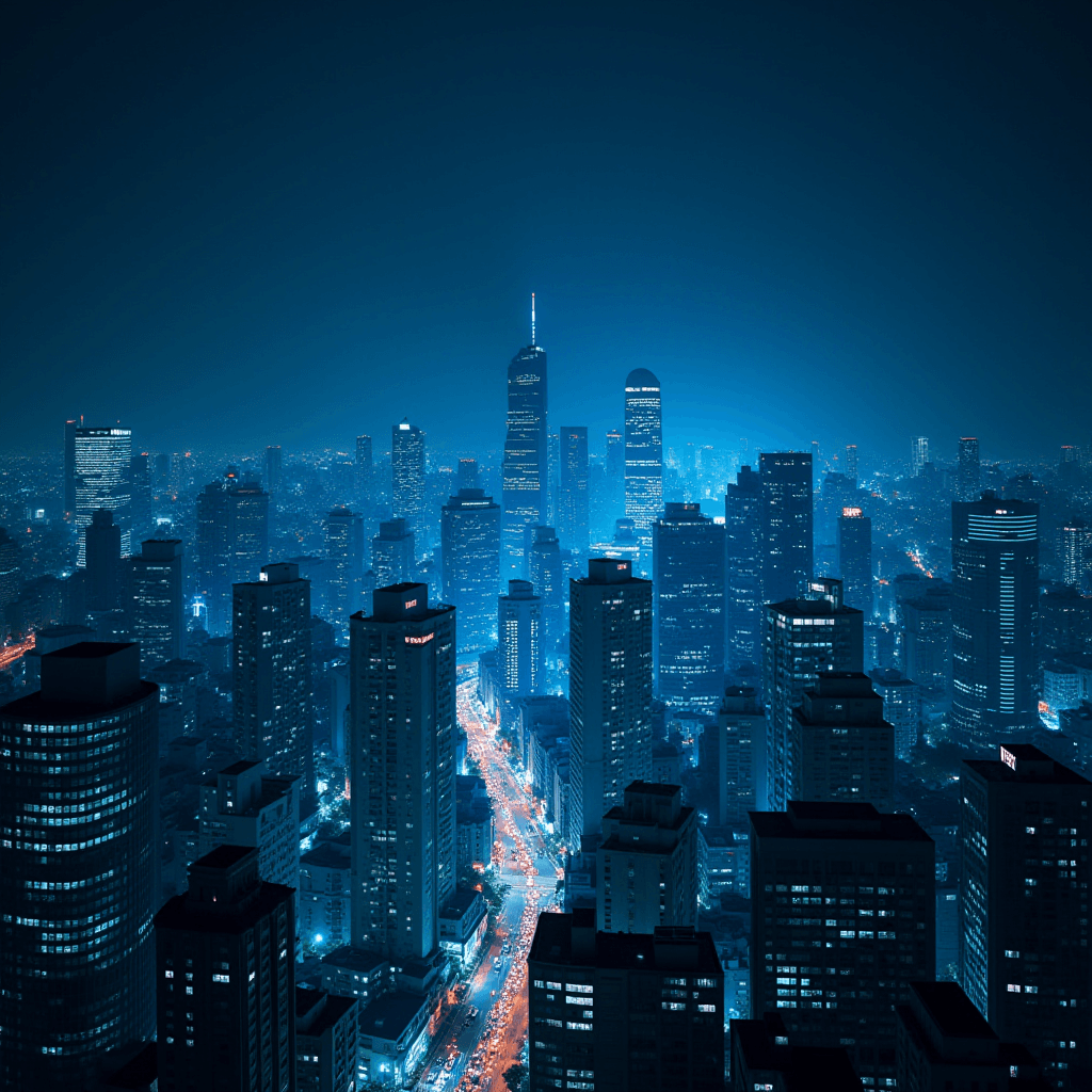 A vibrant city skyline illuminated by blue and pink neon lights at night.