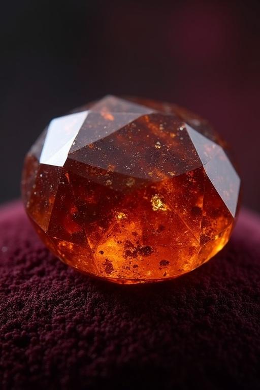 Ultra-realistic macro photograph of a Painite gemstone. Deep reddish-brown crystal with orange undertones. Natural facets reflect warm light. Placed on dark velvet background. High-detail texture. Studio lighting in 8k resolution. Photorealistic focus on gem.