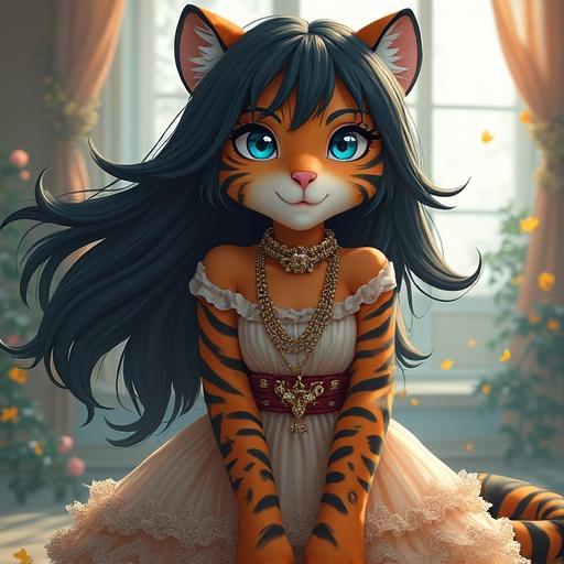 Girl with mixed tiger features wearing an elegant dress. Black hair and blue eyes. Fur on arms and legs. Set against a soft, warmly lit background.