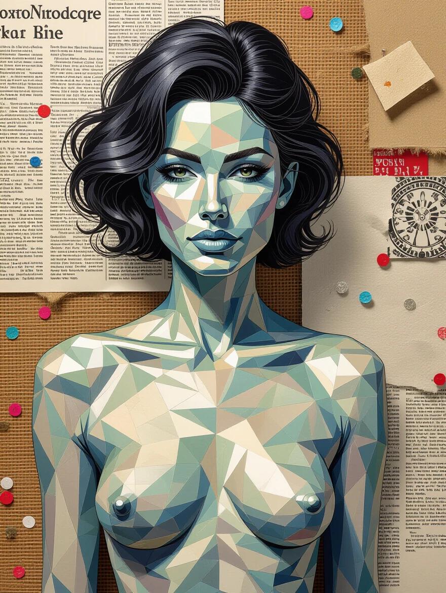 A model drawn with fineliner precision, showing intricate geometric patterns. Style influenced by Feng Zhu and Patrick Nagel. Mixed media includes newspaper, wood, sand, and glittering elements. Collage with texture play. Stunning composition with luminous colors and layered surfaces.
