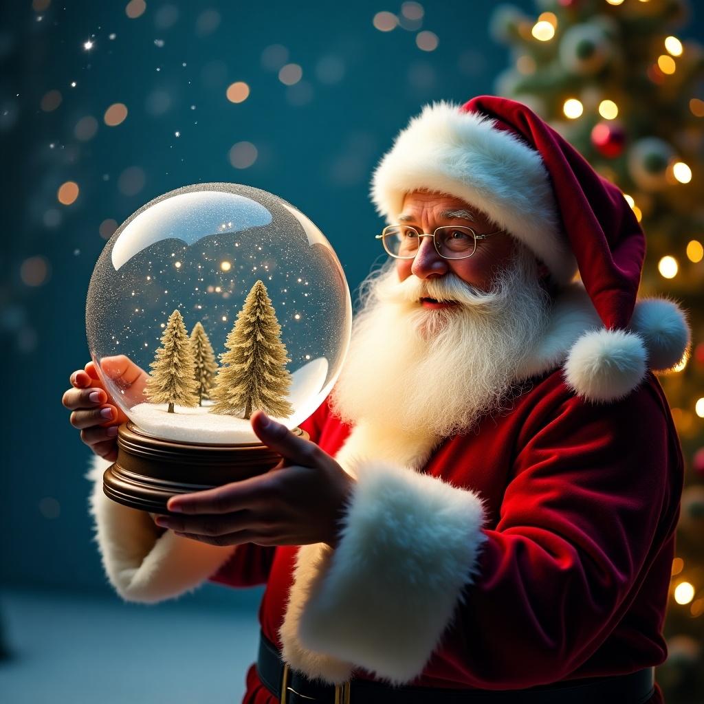 Santa holds a snow globe and gazes at it. The globe contains small trees. Background shows Christmas decorations. Soft lighting adds warmth to the scene. Focus on Santa's expression and the globe.