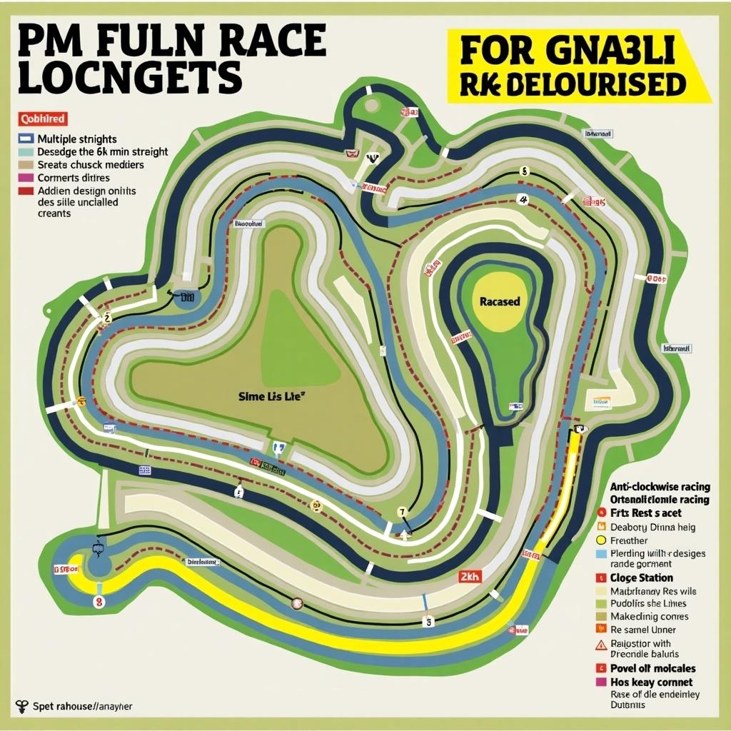 Displays a race track layout featuring multiple straights and corners. Prominent 6km main straight designed for skilled drivers. Designed for anti-clockwise racing, offers unique challenges for participants. Vibrant colors indicate different track segments clearly. Suitable for various racing events.